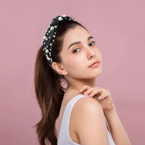 Vista 2 de Accesorios para el cabello de moda para mujer, diadema anudada, diadema de perlas negras para niñas, con cuentas de diamantes de imitación, diadema