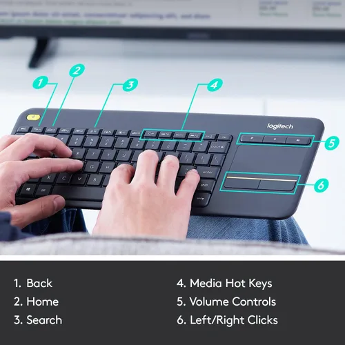 Vista 6 de Logitech K400 920-007119 Plus teclado táctil inalámbrico para TV conectado a computadora