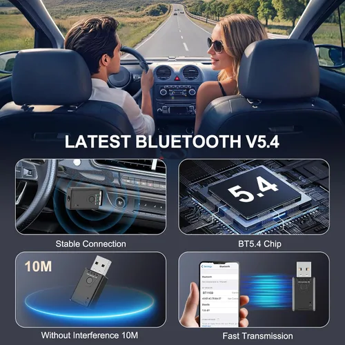 Vista 3 de Adaptador USB Bluetooth 5.4 para automóvil, receptor de música Bluetooth Plug & Play, kit de conector auxiliar de 0.138 in para automóvil, micrófono