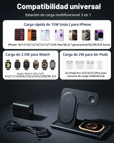 Vista 2 de Estación de carga plegable 3 en 1 para cargador inalámbrico Apple Negro