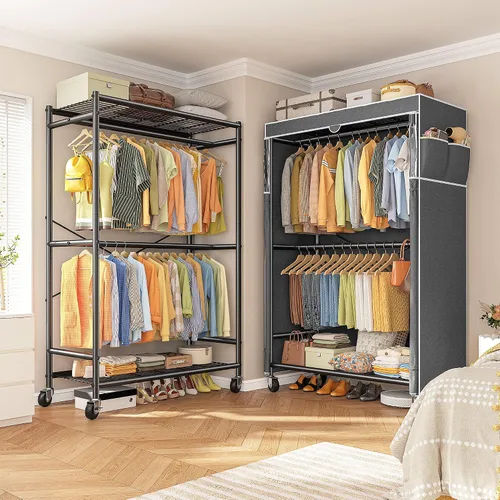 Vista 5 de Raybee Perchero de ropa de 80.32" de altura con cubierta, percheros de ropa rodantes para colgar ropa con ruedas, perchero portátil resistente