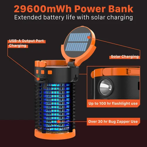 Vista 4 de FosPower Exterminador de insectos para exteriores e interiores (5 en 1) 3300 V con banco de energía de 29600 mWh, carga USB recargable, carga solar