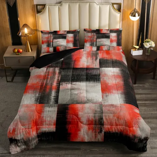Vista 16 de Erosebridal - Juego de ropa de cama con edredón a cuadros de retazos tamaño individual, aguada geométrica en cuadrícula, conjunto retro grunge