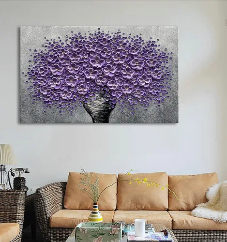 Vista 6 de Epicler art Pintura al óleo decorativa de flores 3D moradas pintadas a mano, arte de pared decorativo de pared de flores, arte moderno, sala