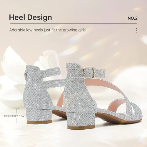 Vista 5 de Sandalias para niñas, tacones para niños, puntera abierta, correa al tobillo, zapatos de vestir, flores para boda, fiesta para niños pequeños