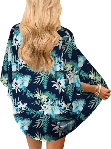 Vista 2 de Chunoy Cárdigan estilo kimono de gasa para mujer, ligero, con estampado floral, holgado, de manga corta, salida de baño, blusa para la playa