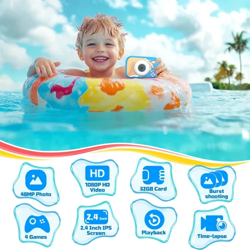 Vista 6 de Cámara para niños impermeable, cámara submarina IP68 para niños de 3 a 12 años, cámara digital HD para niños con grabación de video de 1080P