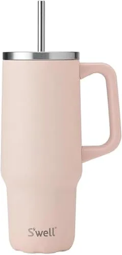 Vista 10 de S'well Vaso de acero inoxidable reciclado XL con popote y asa, 40 onzas, azurita, contenedor aislado al vacío de triple capa mantiene las bebidas