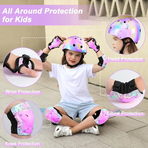Vista 2 de Casco para niños, casco de bicicleta para niños pequeños con pegatinas DIY Unicornio, rodilleras y coderas ajustables, juego de protección para Rosa