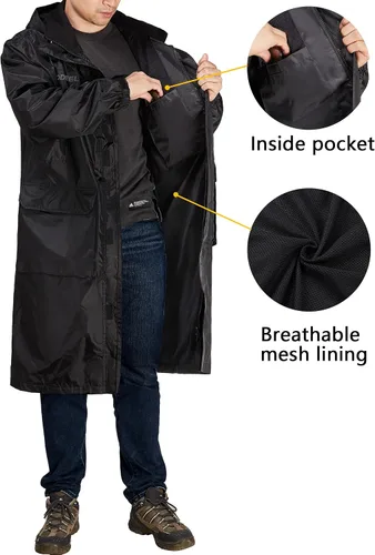 Vista 4 de Rodeel Chubasquero largo impermeable con capucha, poncho con bolsillo para senderismo, camping, actividades al aire libre