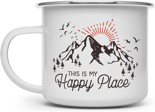 Vista 5 de Loftipop This is My Happy Place - Taza de café esmaltada para acampar en la montaña, taza de café para acampar en la naturaleza, al aire libre
