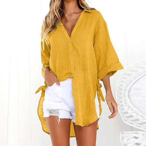 Vista 42 de Camisas de manga larga con botones para mujer, asimétricas, casuales, con cordones, túnica de gran
