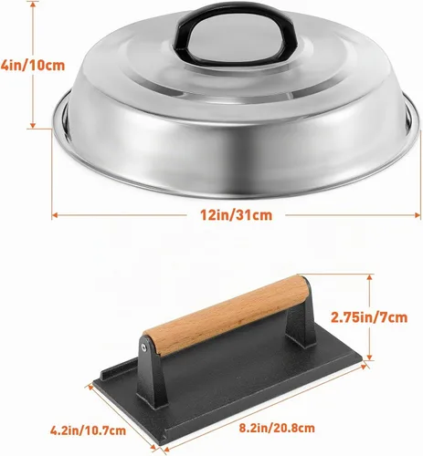 Vista 2 de BBQ Accessories - Cubierta redonda de acero inoxidable de 12 pulgadas, cúpula de fusión de queso, kit de prensa rectangular de hierro fundido