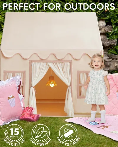 Vista 3 de Tienda de campaña grande para niños con luces de estrellas, banderas y bolsas de mano, tienda de campaña para niños en interiores y exteriores