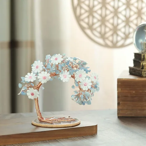 Vista 2 de Árbol de dinero con flores bordadas de cristal con base de ágata, buena suerte, Feng Shui, árbol bonsái para decoración de mesa de oficina en casa