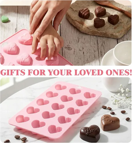 Vista 3 de Moldes de silicona en forma de corazón 2 piezas, molde de chocolate en forma de corazón 15 cavidades, moldes antiadherentes de grado alimenticio