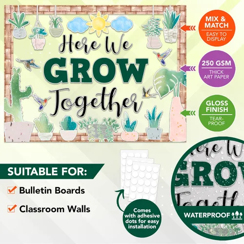 Vista 2 de Decorably 53 piezas de recortes inspiradores de cactus con bordes – Cartulina laminada brillante We Grow Together Decoración de aula para pasillos
