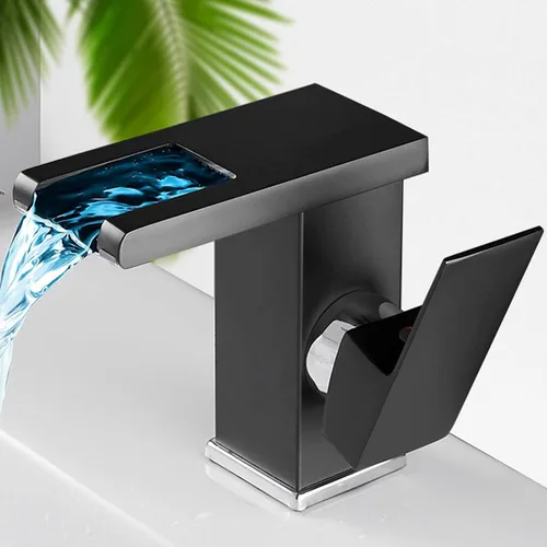 Vista 8 de Grifo de baño con luz LED RGB, boquilla de cascada, color negro, 3 colores cambiantes, mango de un agujero, conjunto de drenaje a juego