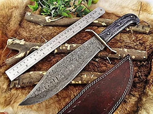Vista 4 de Cuchillo Bowie de caza de acero de Damasco forjado a mano de 15 pulgadas, madera de dólar negro de 2 tonos con protector de dedo de latón, funda