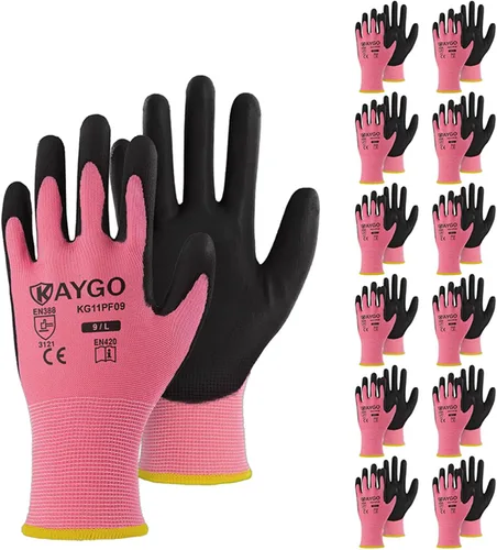 Vista 53 de KAYGO KG11PB - Guantes de trabajo de seguridad con revestimiento de poliuretano, 12 pares de guantes de punto sin costuras para hombres y mujeres