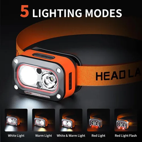 Vista 2 de Linterna frontal recargable, lámpara LED ligera, linterna de cabeza con sensor de movimiento, luz de cabeza impermeable súper brillante