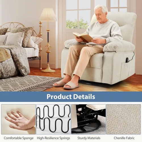 Vista 4 de DUMOS Rocker - Silla reclinable giratoria con masaje por vibración y calefacción lumbar, sillón reclinable de tela de felpilla giratoria de 270°