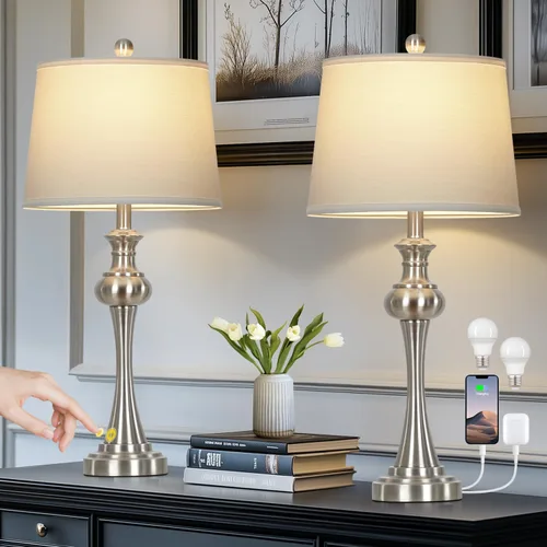 Vista 9 de Cinyirong Lámparas de mesa doradas de 28.75 pulgadas, modernas, con control táctil de 3 vías, regulable, con puertos USB A+C y salidas de CA