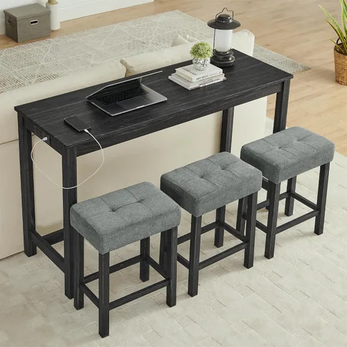 Vista 2 de Knocbel Juego de mesa de bar rectangular de altura de mostrador industrial para 3 personas con toma de corriente, juego de comedor de 4 piezas