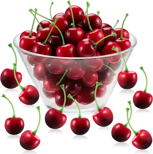 Vista 9 de Skylety 30 piezas de cerezas falsas artificiales de cerezas, decoraciones de fiesta de cereza de simulación para decoración de pasteles, hogar Rojo