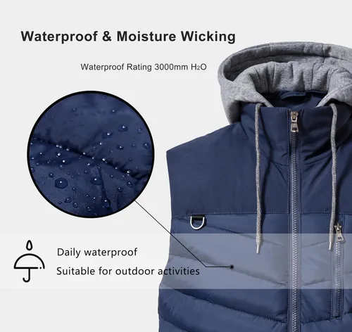 Vista 4 de Vcansion Chaleco de invierno acolchado para hombre con capucha extraíble sin mangas, chaleco acolchado
