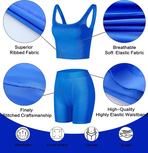 Vista 5 de Conjunto deportivo de 2 piezas para mujer, camiseta sin mangas de punto acanalado para yoga, leggings de cintura alta, conjuntos de ropa deportiva