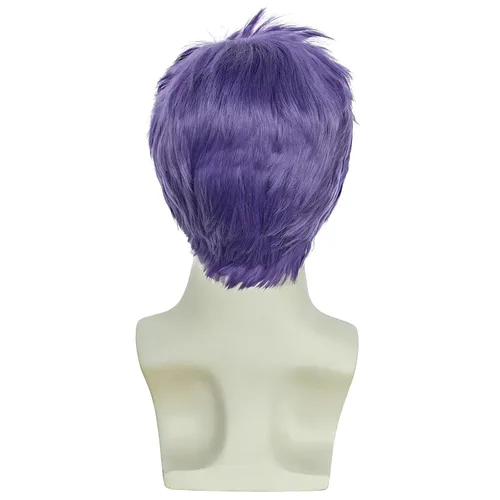 Vista 4 de Peluca morada para hombre, corta, recta, en capas, peluca morada, resistente al calor, reemplazo de cabello sintético Púrpura