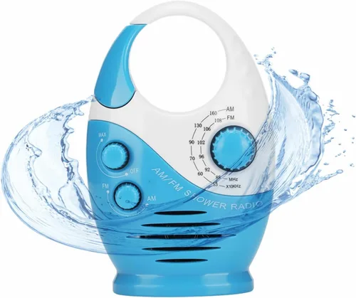 Vista 11 de Radio de ducha impermeable, radio AM/FM con altavoces de volumen ajustables, altavoces portátiles alimentados por batería con mango de gancho