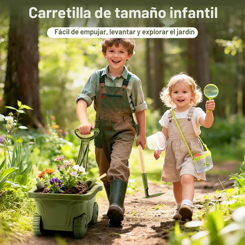 Vista 6 de Dreamon Herramientas de jardinería para niños y kit de atrapador de insectos, juguetes para exteriores 2 en 1 con carretilla y casa de insectos