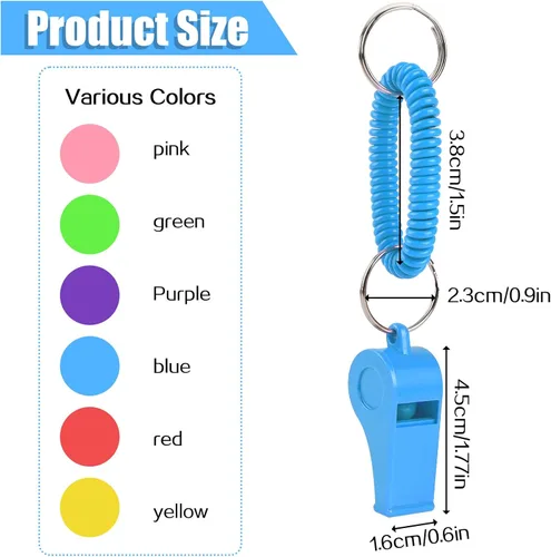 Vista 2 de Mozeat Lens 6 silbatos deportivos con pulsera, silbatos de plástico con bobina elástica, silbatos transparentes para entrenadores, árbitros
