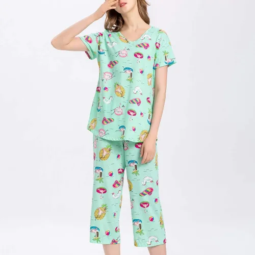 Vista 4 de ENJOYNIGHT - Conjunto de pijama de algodón para mujer, pijama de manga corta y pantalones capri, ropa de dormir de 2 piezas