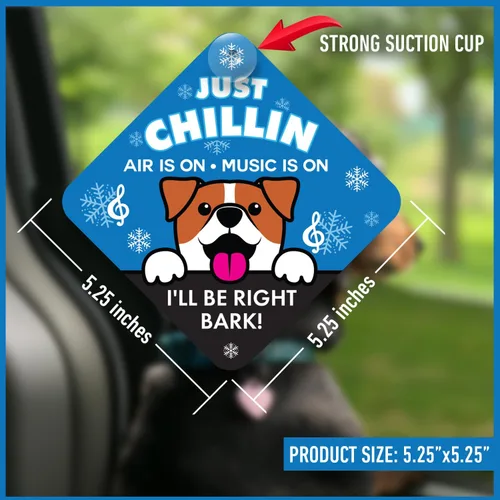 Vista 2 de Just Chillin - Letrero de seguridad para mascotas para ventana de automóvil, alerta de reproducción de música AC On para dueños de perros