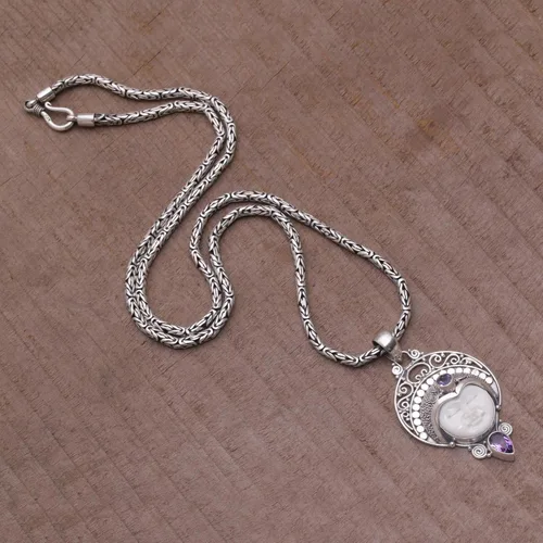 Vista 2 de NOVICA Collar hecho a mano con colgante de amatista de plata de ley 925 de Bali Purple Indonesia piedra natal 'Lunar Queen', Plata esterlina