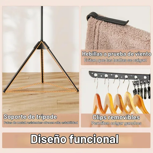 Vista 4 de Giantex Trípode de secado de ropa, estante de secado de ropa plegable independiente de 3 niveles con 24 clips y 32 varillas, soporte de secado