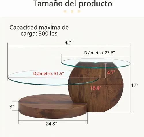 Vista 2 de Mesa de Café Redonda de Vidrio, Modernas Mesas de Café de Vidrio Templado para Sala de Estar, Mesa de Centro Circular de Nuez de 3 Niveles