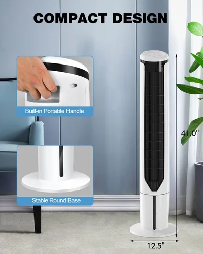 Vista 7 de ARLIME Enfriador de aire evaporativo, ventilador de torre oscilante con control remoto, oscilación de 70°, 3 velocidades y temporizador de 9 horas