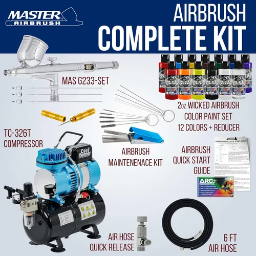 Vista 2 de Master Airbrush Cool Runner II Kit de sistema de compresor de tanque de aire de doble ventilador con kit profesional de aerógrafo de gravedad G233