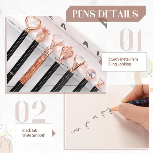 Vista 3 de Colarr Juego de 16 bolígrafos con purpurina de diamante de cristal, bonito juego de bolígrafos de metal para diario, tinta negra retráctil, regalos