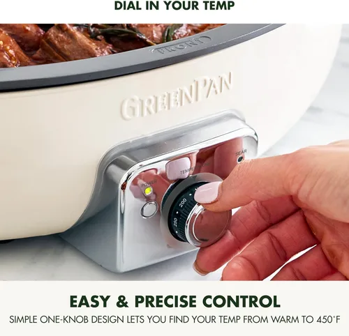 Vista 7 de GreenPan Elite - Sartén eléctrica ovalada de 5.5 cuartos de galón, antiadherente de cerámica sin PFAS, 1800 vatios, tapa apta para lavavajillas