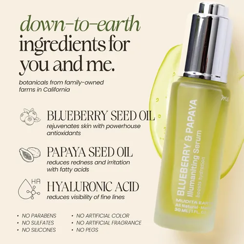 Vista 3 de Mudita Earth - Suero de ácido hialurónico + vitamina B5 para la cara, 1 onza líquida, suero de brillo de arándanos y papaya probado por