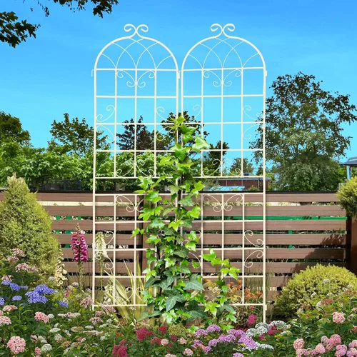 Vista 13 de Paquete de 2 enrejados de jardín de metal para plantas trepadoras, 71 pulgadas de alto, color blanco crema, valla de jardín, enrejado a prueba