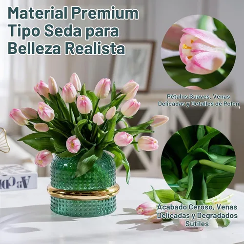 Vista 2 de Bailikang 20 piezas de tulipanes artificiales, flores de seda de tulipanes falsos, ramo artificial de PU, flores artificiales de imitación con caja