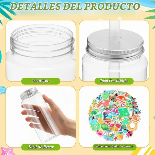 Vista 3 de Jingmore 12 botellas de plástico de 14 onzas con tapas para pajitas, vasos transparentes y reutilizables y calcomanías de verano para agua, té