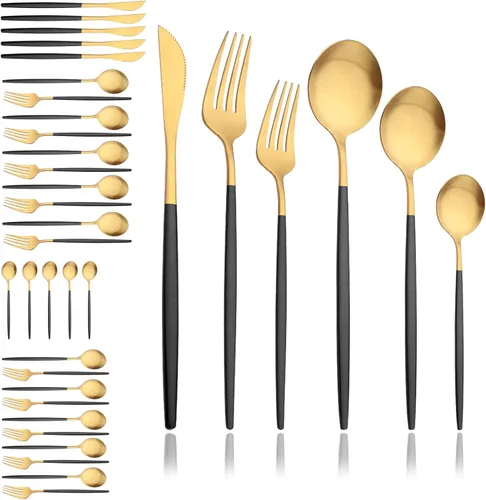 Vista 19 de JASHII Juego de cubiertos mate de 36 piezas con mango plano acabado satinado negro acero inoxidable cubiertos servicio para 6 para cocina casera