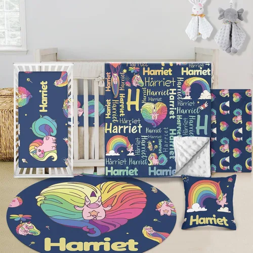 Vista 10 de Juego de ropa de cama personalizado para cuna de bebé, juego de 5 piezas para cuna de bebé, diseños de arcoíris, manta con nombre personalizado